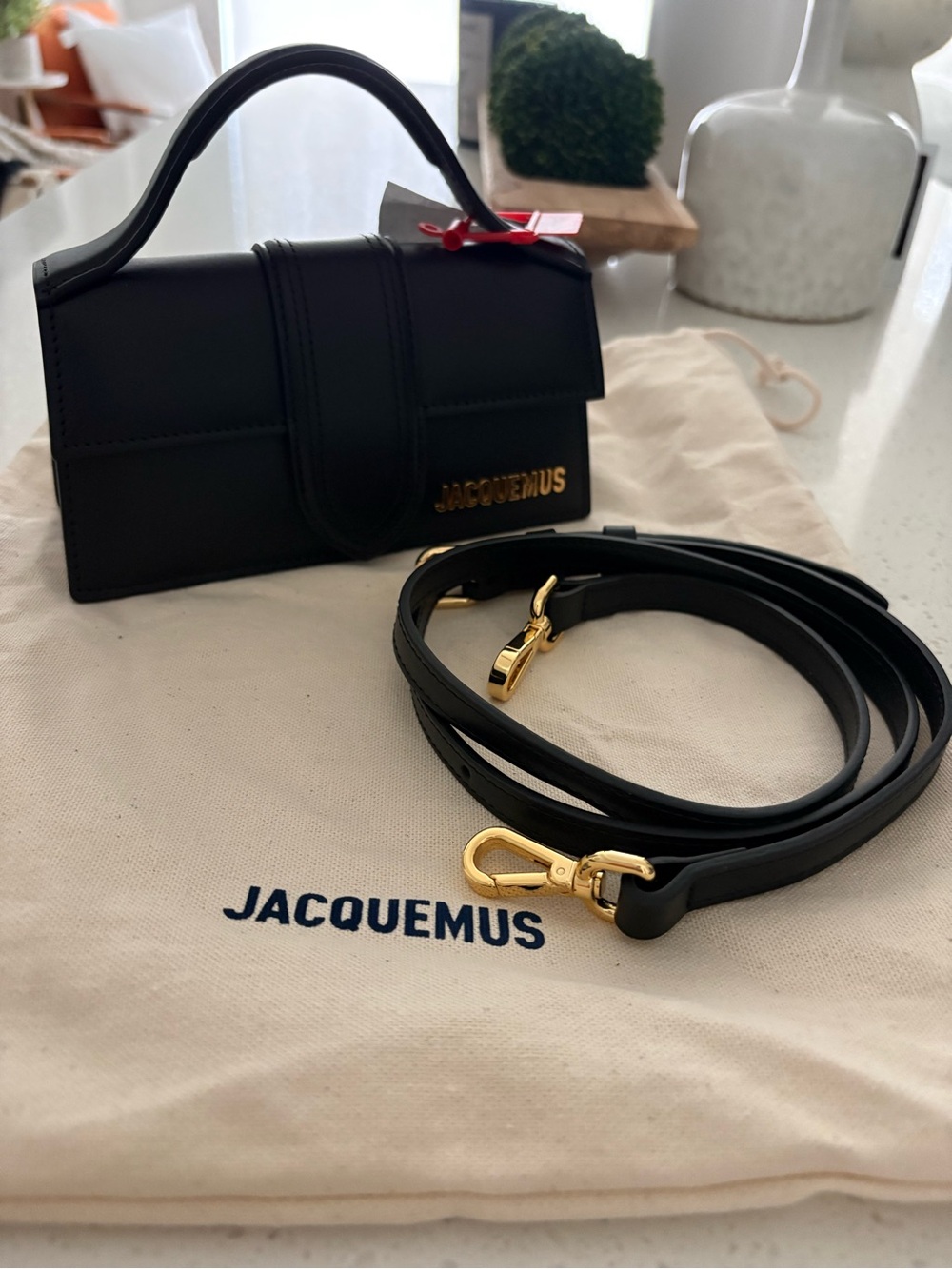 Jacquemus Black Leather Mini Top-Handle Crossbody with Gold Hardware